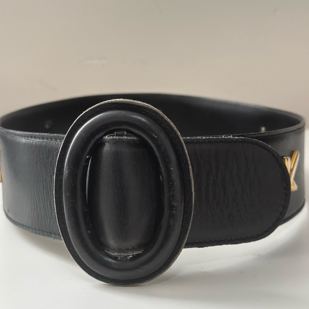 Vintage Paloma Picasso Black Leather Wide Waist Belt Gold Tone X Hardware Size S - Picture 2 of 11